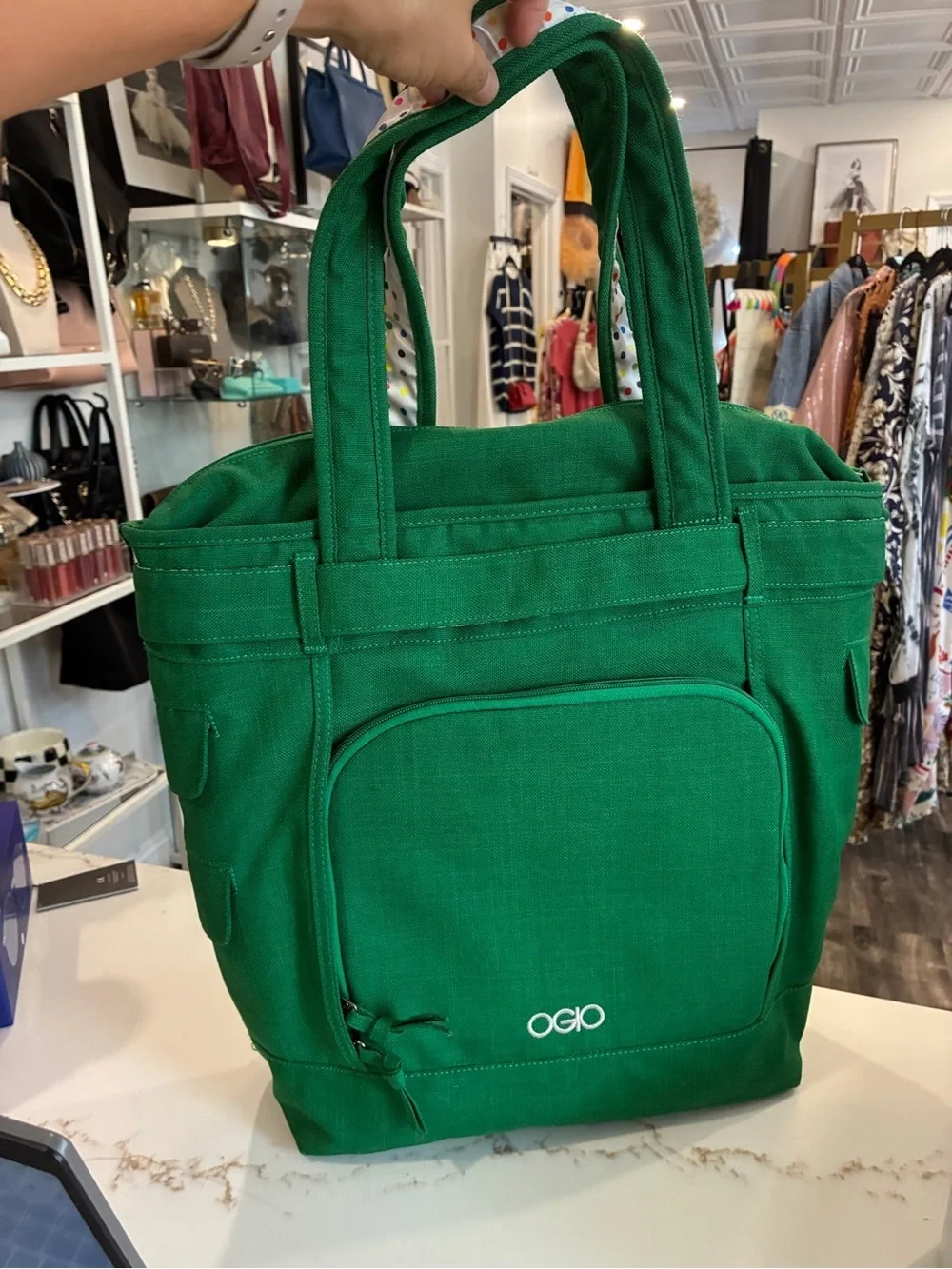 OGIO Green Canvas Tote with Button Front and Polka-Dot Lining